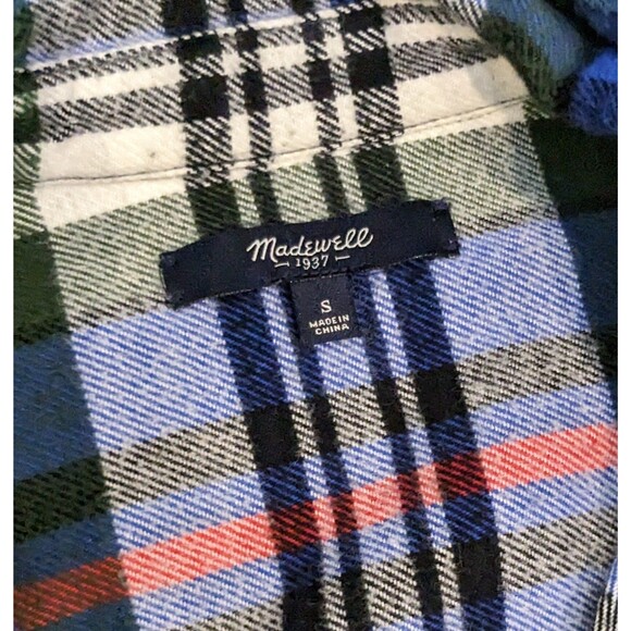Madewell Size Small Flannel Top Womens Blue Plaid Shirt White Green LS Button - Picture 3 of 7